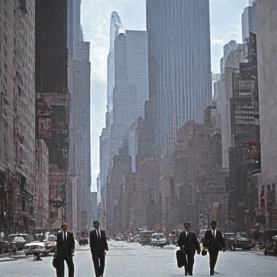 Prompt: a couple of men walking down a street next to tall buildings in new york, 1 9 6 0 s, colour film street photography, photo taken with ektachrome, featured on flickr, associated press photo