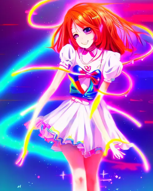 Image similar to anime style, vivid, expressive, full body, 4 k, painting, a cute magical girl idol with a long wavy colorful hair wearing a colorful dress, correct proportions, stunning, realistic light and shadow effects, neon lights, studio ghibly makoto shinkai yuji yamaguchi