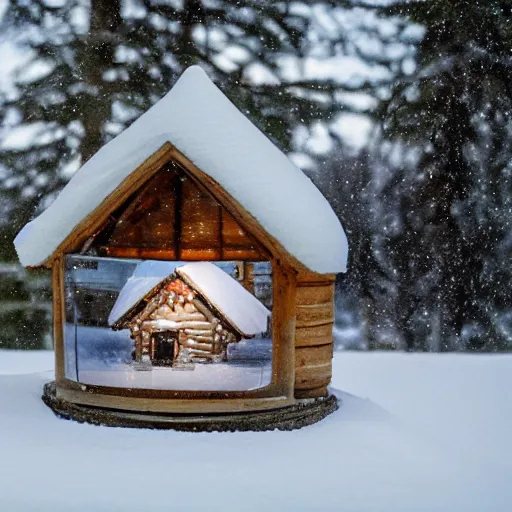 Prompt: A snowglobe on display with a log cabin inside.