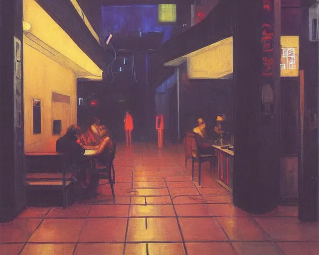 Prompt: the last open cyberpunk cafe in the futuristic dark city during a rainy night by hopper, edward