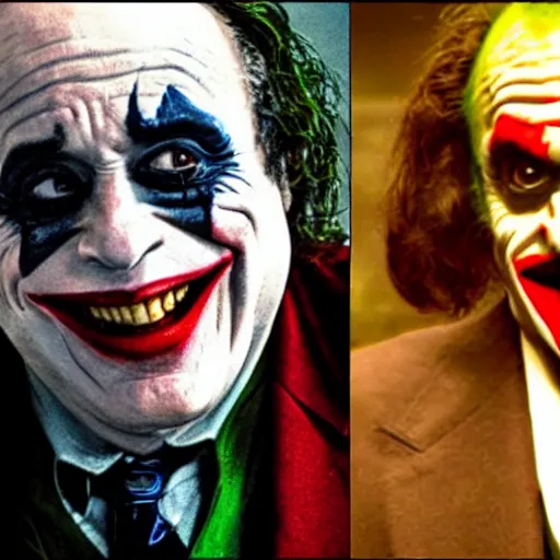 Image similar to Danny Devito as The Joker, still image from Batman movie, shot of face