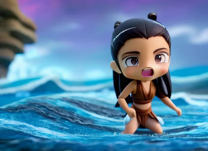 Prompt: katara from avatar as nendoroid is summoning a giant ocean wave in the croods movie style, anime, disney, pixar, 8 k, hd, dof, kodak film, volumetric lighting, subsurface scattering, photorealistic, octane render, details