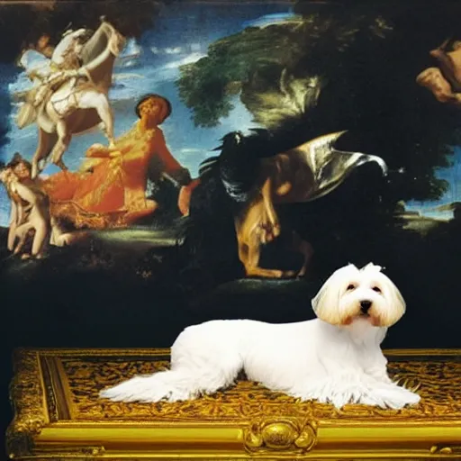 Image similar to a cream - colored havanese laying on top of a plastic sequined horse, a renaissance painting in the background, photo by david lachapelle, behance, transgressive art, renaissance painting, freakshow, official art