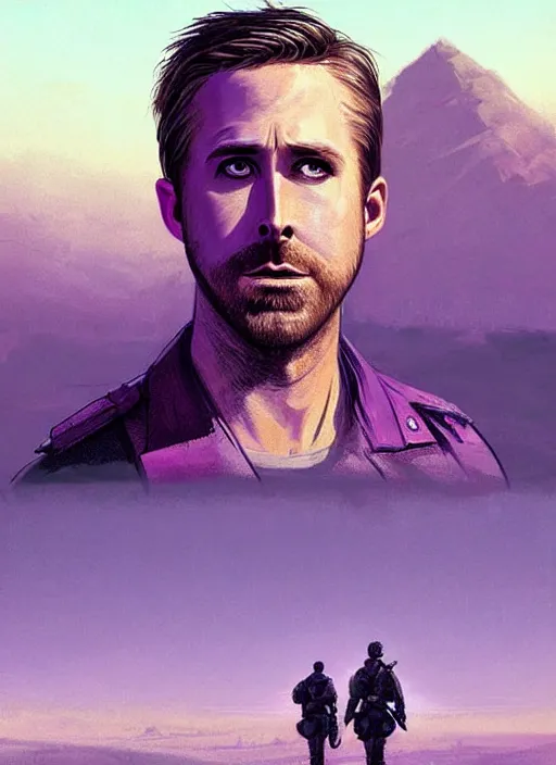 Prompt: purple scene lighting, detailed character portrait!!! concept art, ryan gosling as a soldier with beard, short hair, in a soldier uniform, desert with city in the background, sharp focus, illustration, highly detailed, digital painting, concept art, matte, art by wlop and artgerm and greg rutkowski, masterpiece