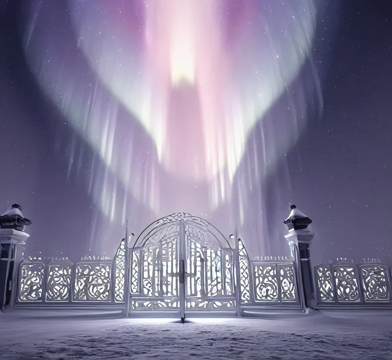 Image similar to a very detailed concept art of intricate and scandinavian white gates to aurora borealis, trending on artstation, symmetry, digital art, 4 k, hyper realistic, octane render, sharp focus