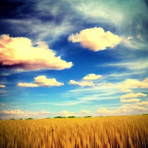 Image similar to “cotton candy clouds over a field of wheat and rivers of chocolate, high definition, digital art, high quality, whimsical, atmospheric”