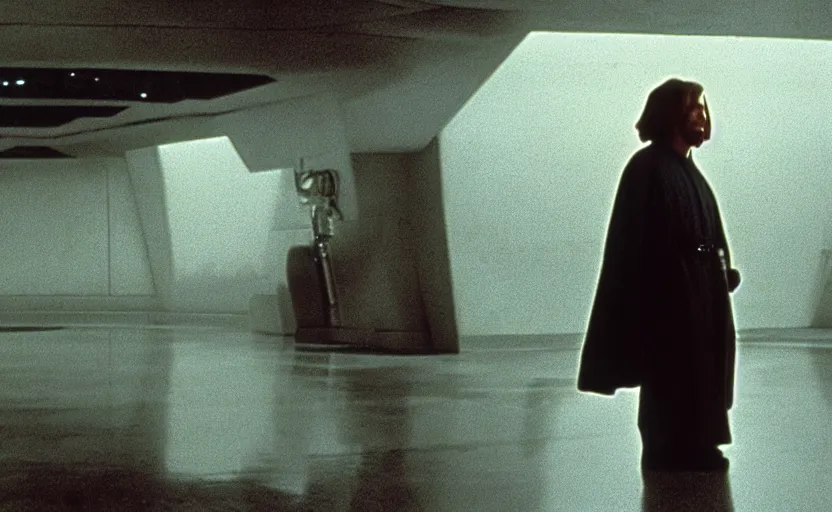 Prompt: screenshot of master Luke Skywalker alone in a a Jedi Temple, objects floating around him, iconic scene from the 1970s thriller directed by Stanely Kubrick film, color kodak, ektochrome, anamorphic lenses, detailed faces, moody cinematography