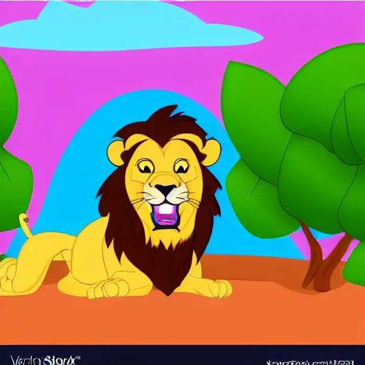 Prompt: Lion smiling in the jungle cartoon disney style