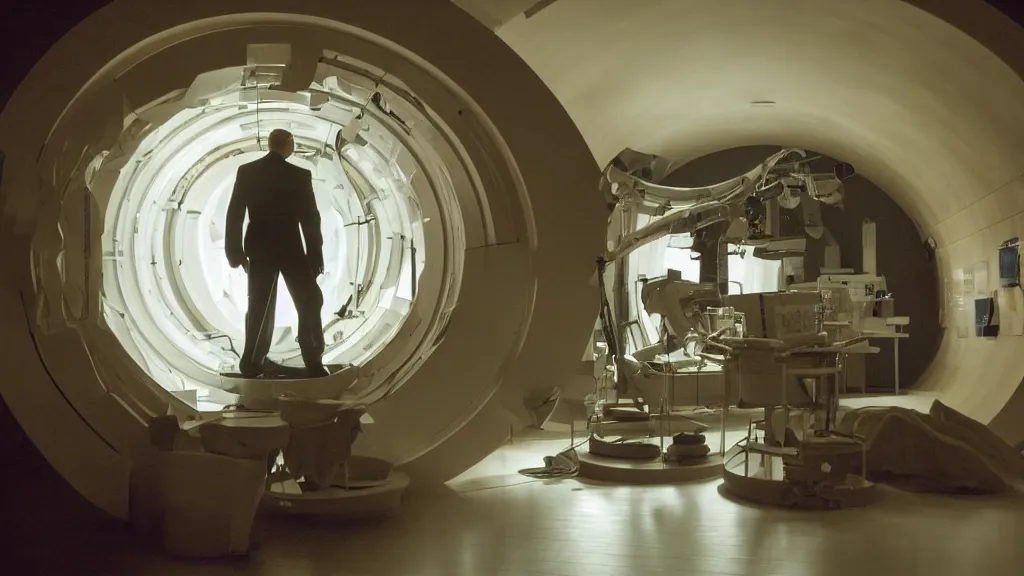 Image similar to an mri section of james cavell in the living room, film still from the movie directed by denis villeneuve with art direction by salvador dali, wide lens