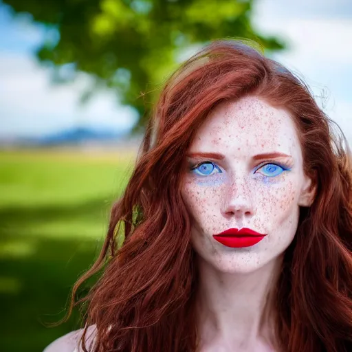 Image similar to close up photo of the left side of the face of a woman with blue eyes and wavy long red-brown hair, red detailed lips and freckles who looks directly at the camera. Slightly open mouth. Whole head visible and covers half of the frame, with a park visible in the background. 135mm nikon. Intricate. Very detailed 8k. Sharp. Cinematic post-processing. Unreal engine. Nanite. Ray tracing. Parallax. Tessellation