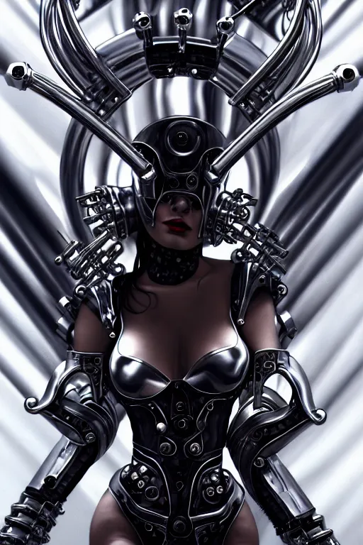 Image similar to female chrome futuristic cyborg with curved metal horns, chrome motorcycle parts, full body, machine background HEAVY METAL, , dark fantasy, diffuse lighting, intricate, highly detailed, lifelike, photorealistic, digital painting, trending on artstation, smooth, sharp focus, art by John Collier and Albert Aublet and Krenz Cushart and Artem Demura and Alphonse Mucha