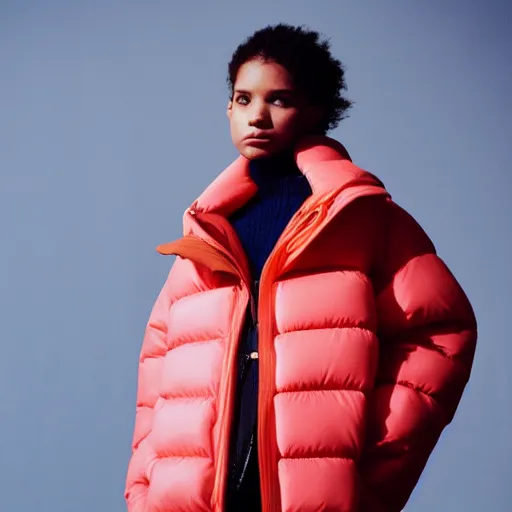 Image similar to realistic photoshooting for a new issey miyake lookbook, color film photography, portrait of a beautiful woman, model is wearing a asymetrical puffer jacket, photo in style of tyler mitchell, 3 5 mm,