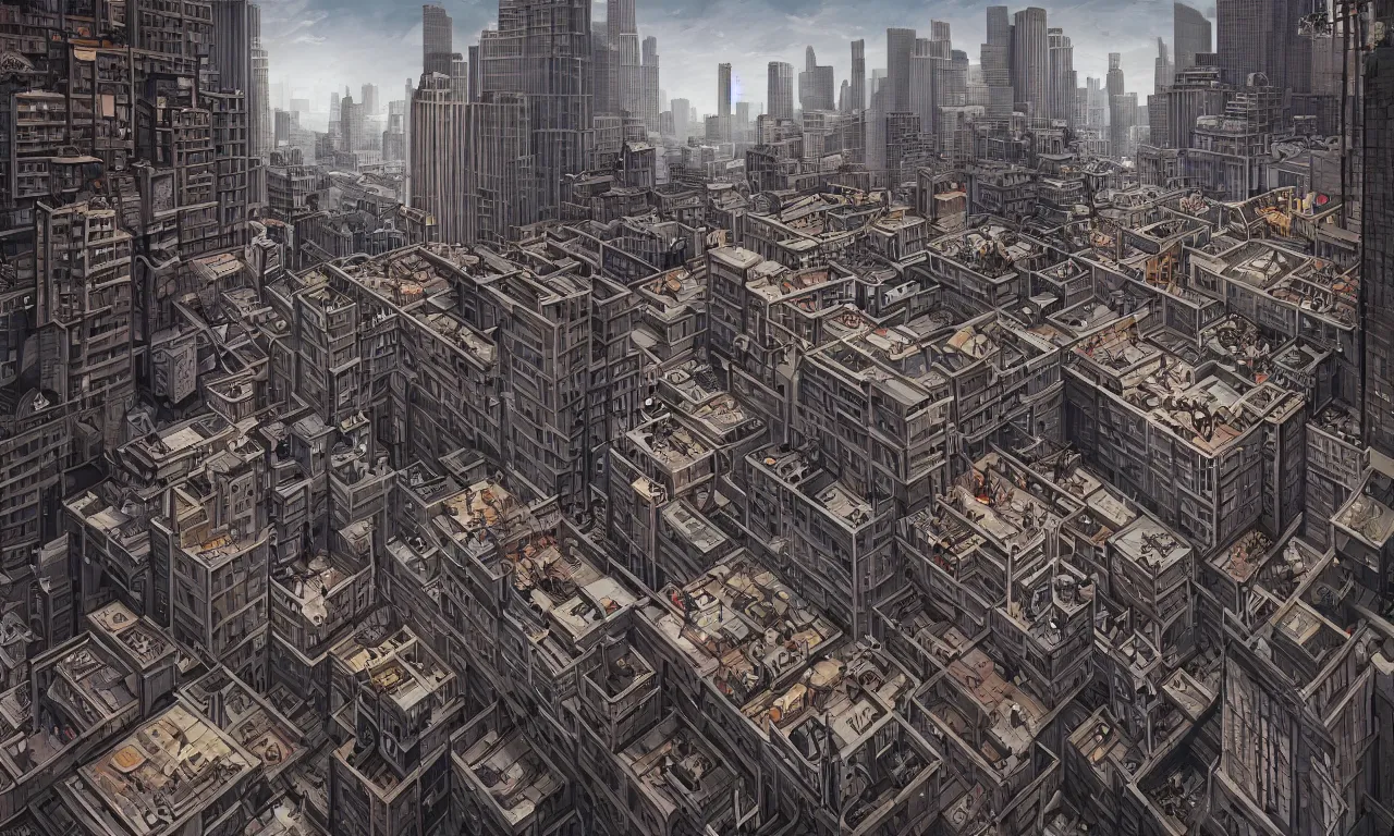 Prompt: A hyper real comic book style portait painting of downtown los angeles in the style of MC Escher, Maurits Cornelius Escher, unreal 5, hyperrealistic, octane render, cosplay, RPG portrait, dynamic lighting