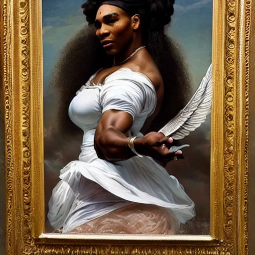 Image similar to Full body Portrait of Serena Williams as Nike Goddess, large wings, luxuriant, dreamy, eternity, romantic, strong pose, highly detailed, in the style of Franz Xaver Winterhalter, highly detailed, in the style of Aetherpunk