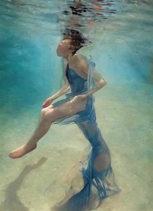 Prompt: girl in a long dress swimming underwater, caustics, surreal underwater photography, oil painting by Boldini