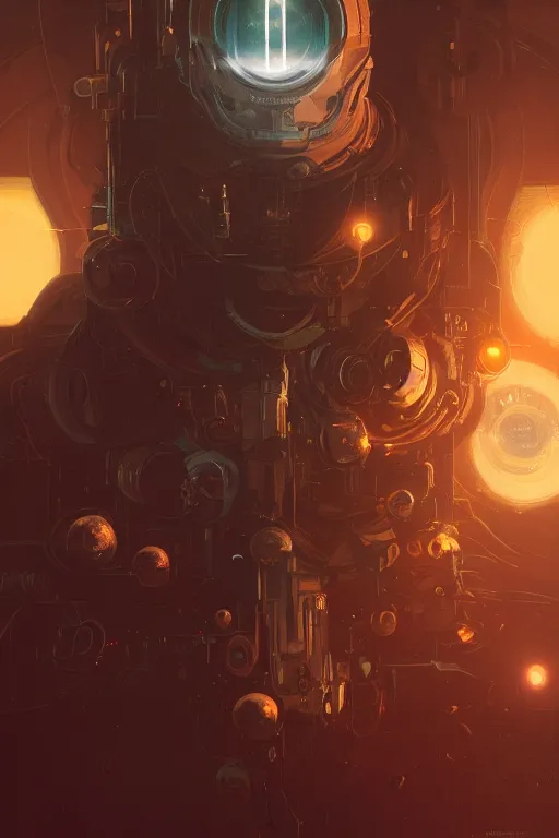 Image similar to outer space retro cyborg with magic orbs, dim ambient lighting, dark shadows, highly detailed, 8k, rim lighting, digital painting, artstation , concept art, sharp focus, illustration, art by greg rutkowski and alphonse mucha