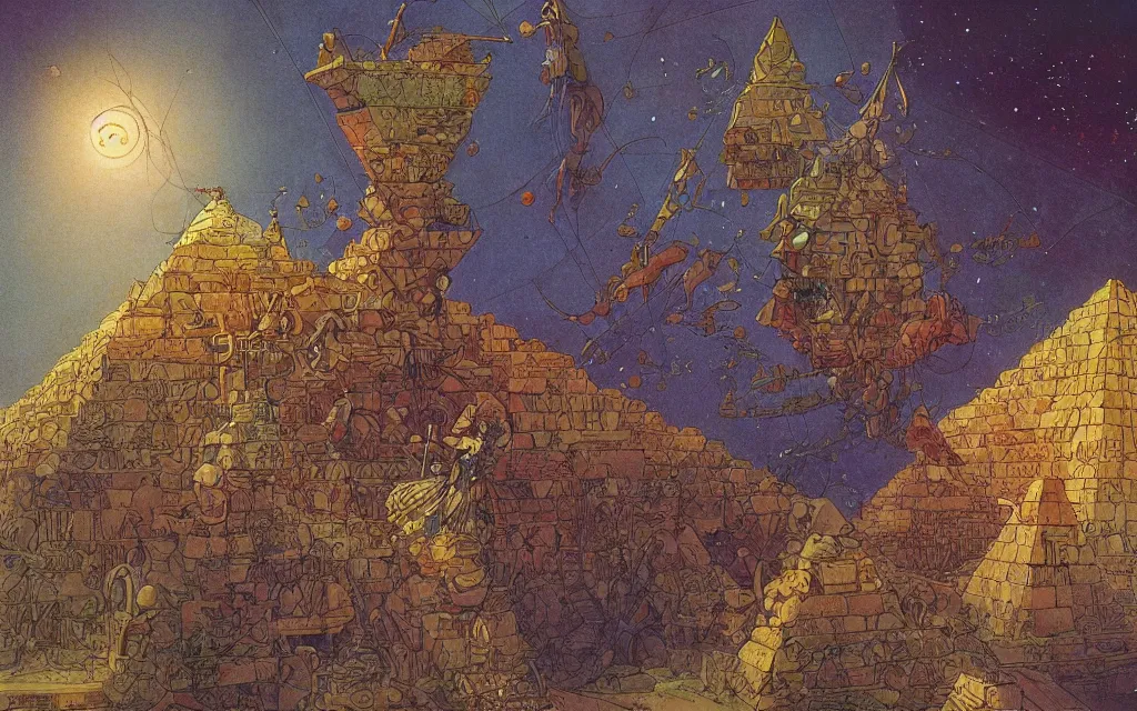 Prompt: pyramids. retro art by jean giraud. fibonacci. by brian froud, yoshitaka amano, kim keever, victo ngai