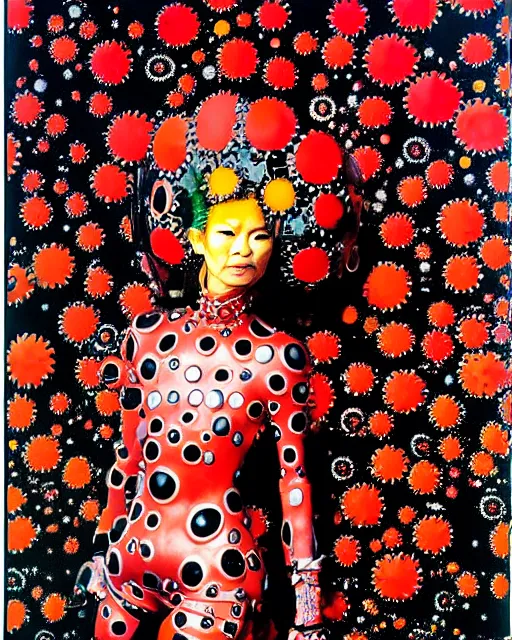 Image similar to portrait of a skinny punk goth yayoi kusama wearing armor by simon bisley, john blance, frank frazetta, fantasy, thief warrior, floral flowers colorful coral porcelain