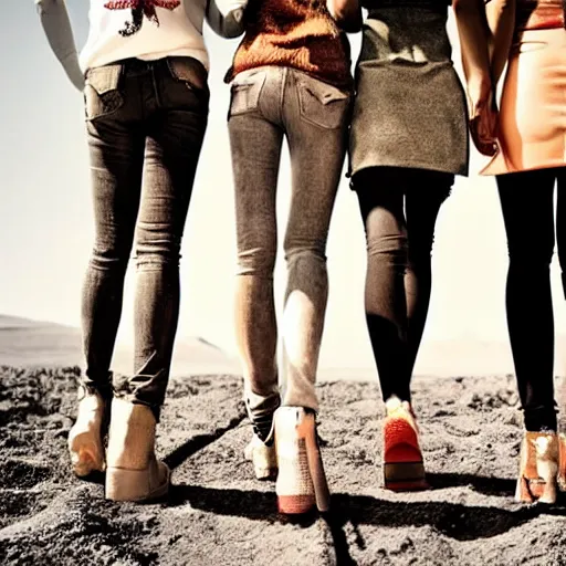 Prompt: up close full body image of 5 friends on dusty Mars soil in the future walking together all wearing stylish high fashion futuristic clothing picture taken with 5 mm camera nokia, intricate, ultra HD, super detailed, realistic, award-winning picture