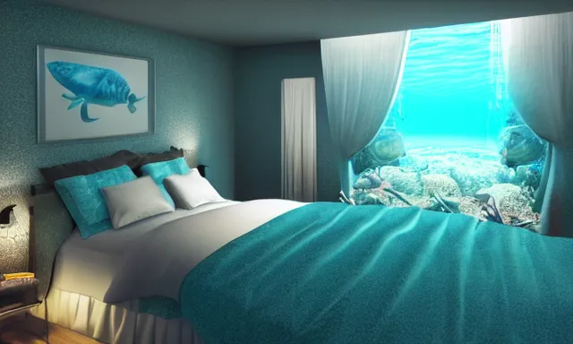 Image similar to a bedroom deep under the sea, photorealistic magazine picture, studio lighting, cozy, extremely detailed and realistic