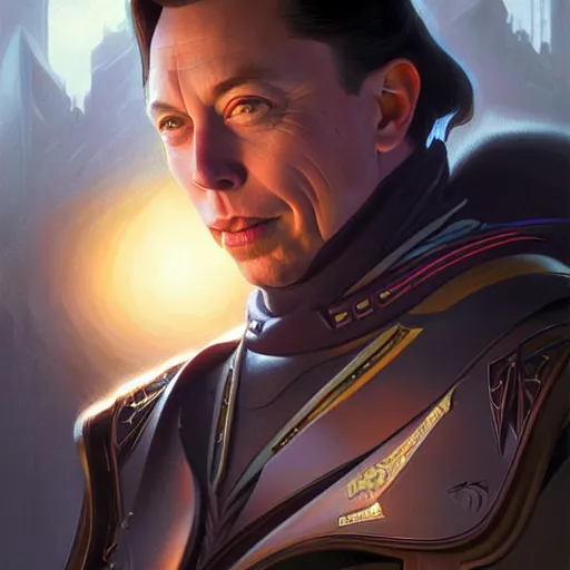 Image similar to Mischievous Elon as Zorg, western, closeup, D&D, fantasy, intricate, elegant, highly detailed, digital painting, artstation, concept art, matte, sharp focus, illustration, art by Artgerm and Greg Rutkowski and Alphonse Mucha