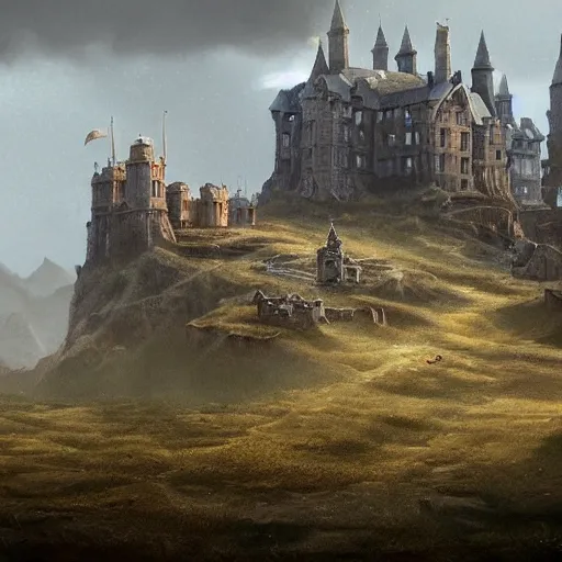 Image similar to a fantasy matte painting of a lone castle in barren fields, artstation, intricate details