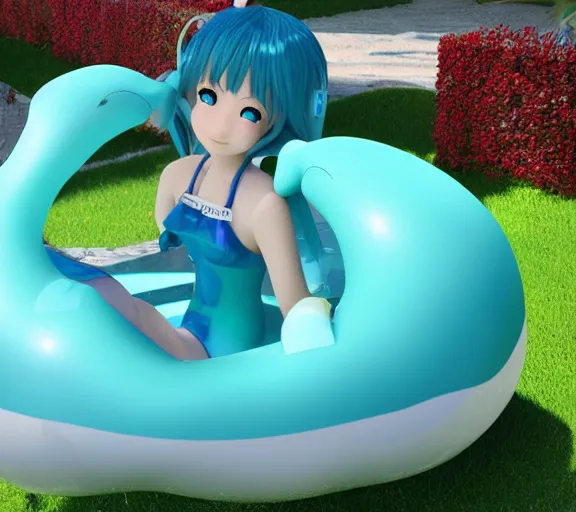 Image similar to 3D render of Hatsune Miku in a duck shaped pool float