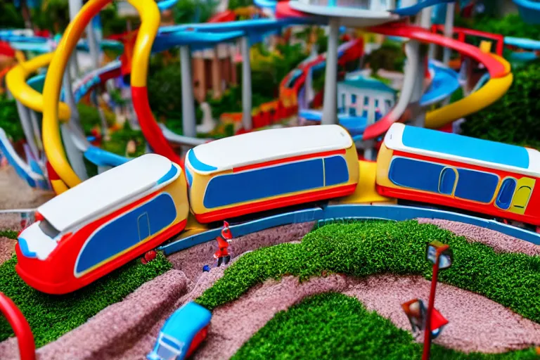 Image similar to fisher price monorail through theme park in albania, in 2 0 1 5, perfect focus, scene from tv show hyper detailed 5 5 mm 8 5 mm, toy photography, made out of plastic