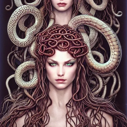 Prompt: head and shoulders ( ( ( vogue 7 0 mm fashion photo ) ) ) of medusa with different species of snakes for her hair, d & d, fantasy, luis royo, magali villeneuve, donato giancola, wlop, krenz cushart