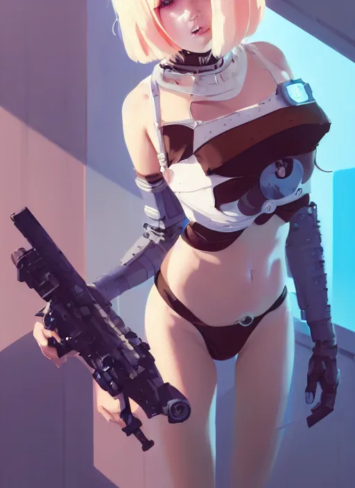 Image similar to portrait of cute maiden girl in cyber bikini armor, face by ilya kuvshinov, warhammer, cyberpunk, by atey ghailan, by greg rutkowski, by greg tocchini, by james gilleard, by joe fenton, by kaethe butcher, dynamic lighting, gradient light blue, brown, blonde cream and white color in scheme, grunge aesthetic