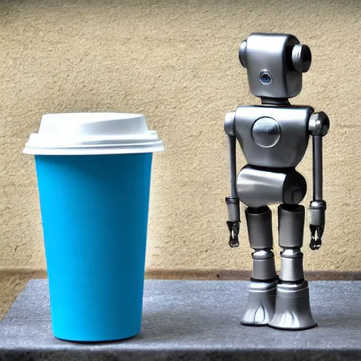 Prompt: feminine robot holding coffee outside, photograph