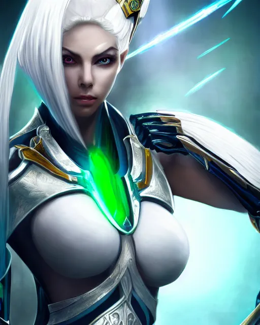 Image similar to perfect white haired attractive egyptian goddess, warframe armor, beautiful, symmetric, dreamy, half asian, pretty face, green eyes, charlize theron, detailed, scifi platform, laboratory, experiment, 4 k, ultra realistic, epic lighting, android body, illuminated, cinematic, masterpiece, art by akihito tsukushi, voidstar