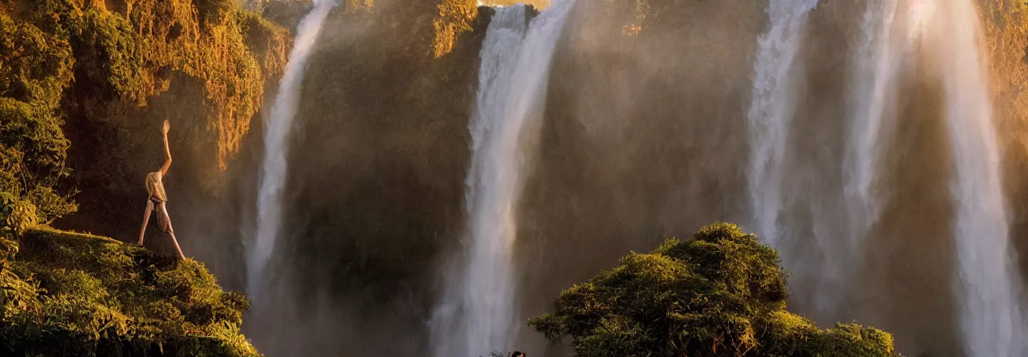 Image similar to dang ngo, annie leibovitz, steve mccurry, a simply breathtaking shot of mediating mon, giant waterfall, golden hour, golden ratio, wide shot, symmetrical