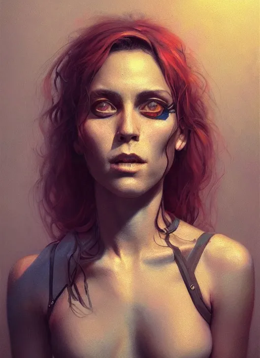 Prompt: a detailed painted portrait of an 9 0's era female rock musician by artist hadi karimi, wlop, artgerm, greg rutkowski, slightly happy facial expression, dramatic lowkey studio lighting, accurate skin textures, hyperrealism, aesthetically pleasing and harmonious vintage colors