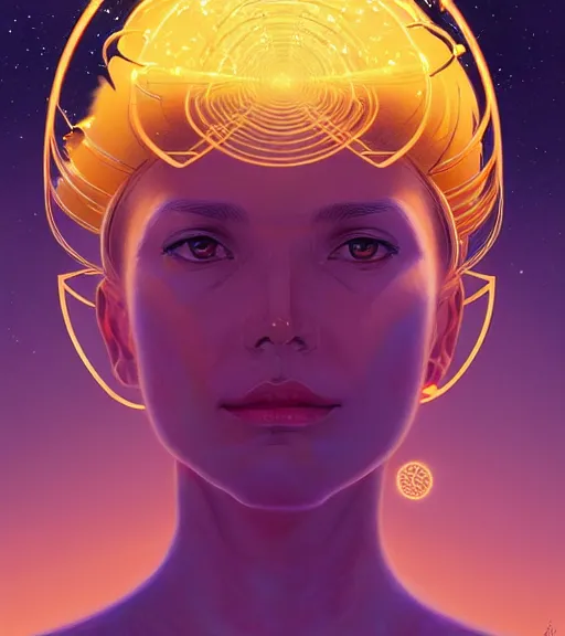 Prompt: a golden woman 2/3 figurative portrait, in space, head breaking apart and spiraling geometry into the sky upwards into another dimension, lazer light beaming down to top of her head, by james jean, artgerm, featured in artstation, elegant, Moebius, Greg rutkowski, anime