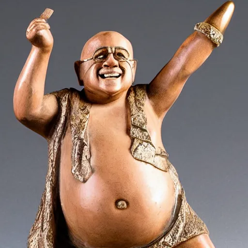 Image similar to an ancient statuette of a dancing danny devito, beautiful, priceless, hd, bejeweled, studio photography