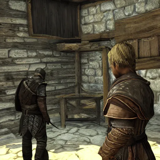 Prompt: jesse pinkman gets caught by riften town guard, tamriel, elder scrolls, skyrim, adventuring gear, highly detailed