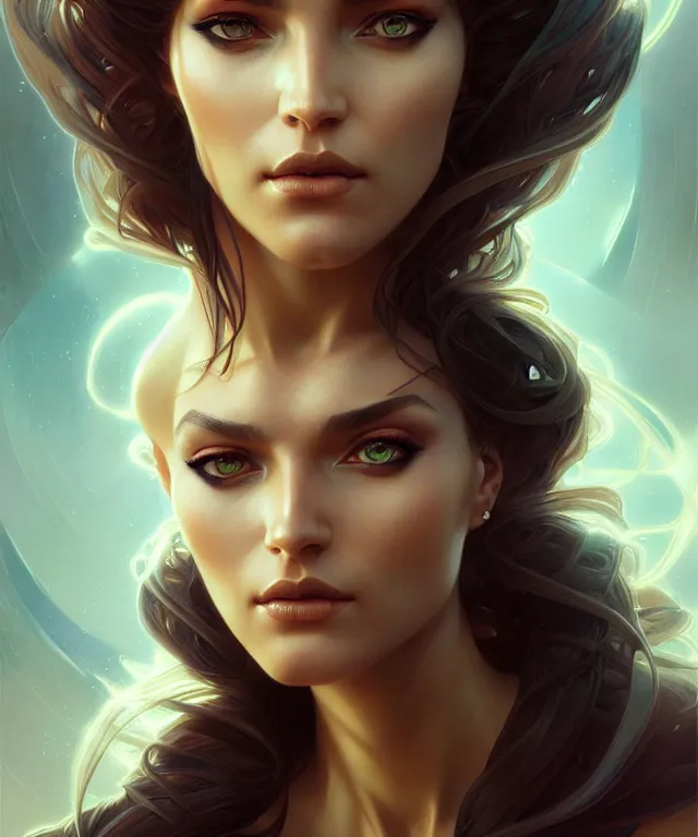 Image similar to futuristic woman portrait, sci-fi, amber eyes, face, long hair, fantasy, intricate, elegant, highly detailed, digital painting, artstation, concept art, smooth, sharp focus, illustration, art by artgerm and greg rutkowski and alphonse mucha