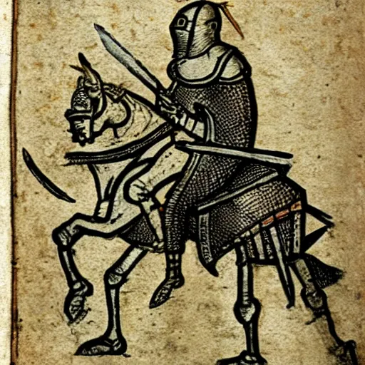 Prompt: medieval drawing of a Knight in battle with AK-47