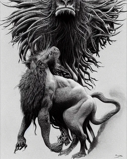 Image similar to a creature with the body and eyes of a man, with the beak of an eagle, the mane of a lion, and the horn of a bull. drawn by moebius and zdzislaw beksinski