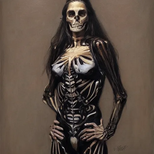 Image similar to portrait of a woman in a spandex skeleton onesie, by donato giancola.