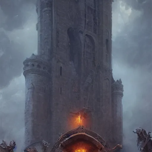 Image similar to epic masterpiece of cinematographic hyperrealism where a group of archeologists appears in front of a large demonic tower. realistic shaded lighting poster by craig mallismo, artgerm, jeremy lipkin and michael garmash, unreal engine, detailed and intricate environment, digital art, art station trends, horror, night, dark lighting, lightning