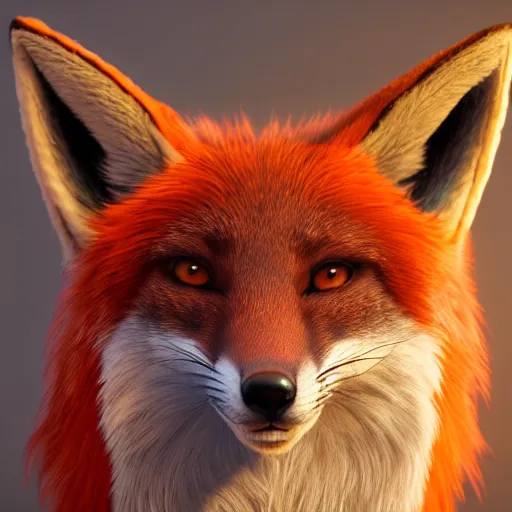 Image similar to a highly detailed portrait of a humanoid light brown fox, with a white muzzle, bright orange eyes, in a purple cloak, artstation, DeviantArt, professional, octane render