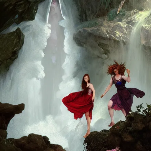 Image similar to an extremely detailed portrait of four polyamorous red haired witches dancing while hiding from a thunderstorm in a cave behind a waterfall, epic fantasy, viewed in profile from far away, sharp focus, detailed face, art by greg rutkowski and alphonse mucha, volumetric lighting, 4 k resolution, trending on artstation, masterpiece