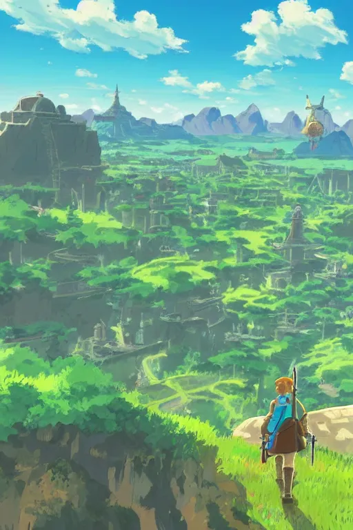 Image similar to skyline, Details, illustration , in the style of Studio ghibli, breath of the wild, myazaki, anime, clean render, denoise, rule of thirds