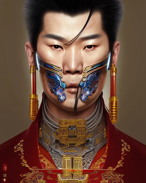 Image similar to portrait of a chinese masculine male cyberpunk machine, machine face, upper half portrait, decorated with chinese opera motifs, muscular, asian, fine china, wuxia, traditional chinese art intricate intense elegant 京 剧 highly detailed digital painting artstation concept art smooth sharp focus illustration, art by artgerm and greg rutkowski alphonse mucha 8 k