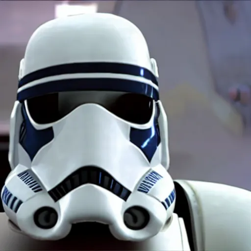 Image similar to clone trooper with his helmet off talking to Obi-Wan Kenobi