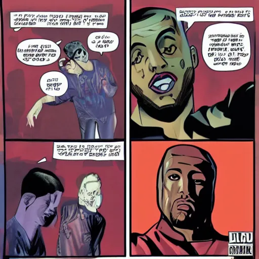 Prompt: comic book art of Pete Davidson against Kanye West