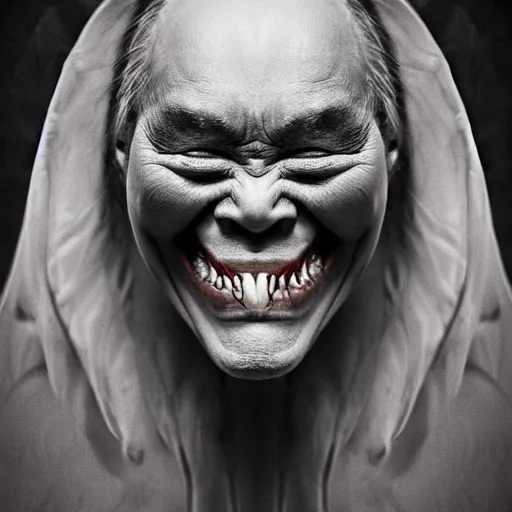 Image similar to a frontal studio headshot photograph of an elder demon resembling a large lily asiatic with teeth.