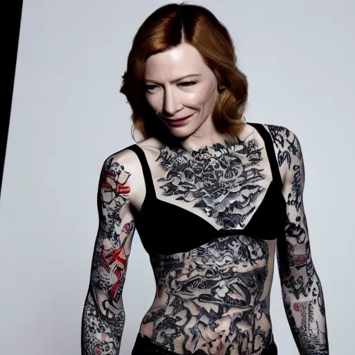 Image similar to high resolution image of cate blanchett with full body japanese tattoo , highly detailed, photorealistic, 4k